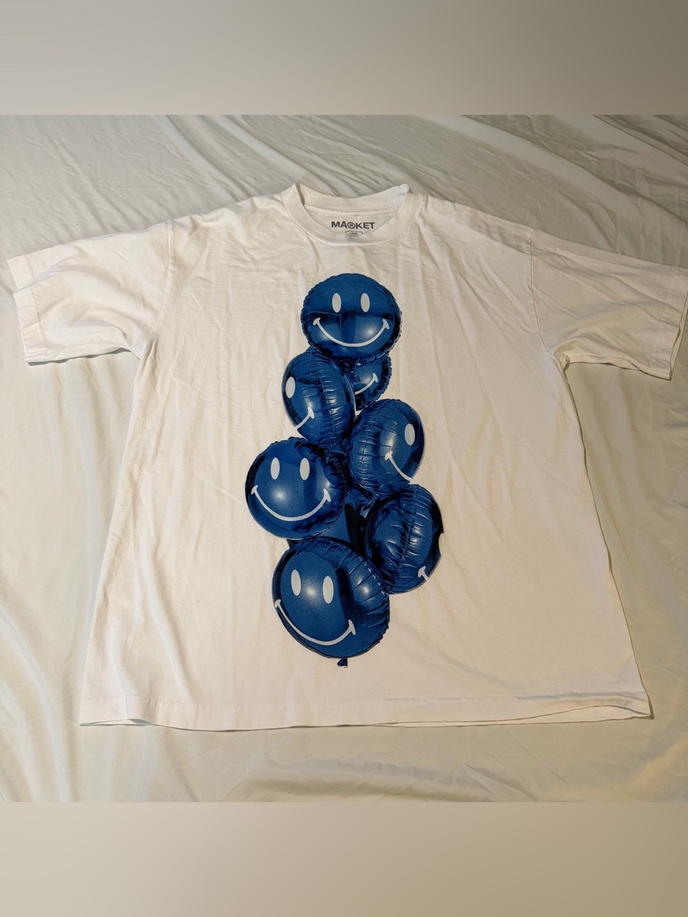 Market Studio White Short-Sleeve Tee with Blue Smiley Balloon Graphic